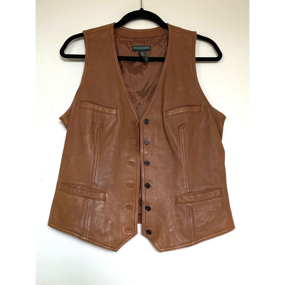 Vintage Ralph Lauren Lamb Leather Vest Brown Western Cinch Back Boho Waistcoat L